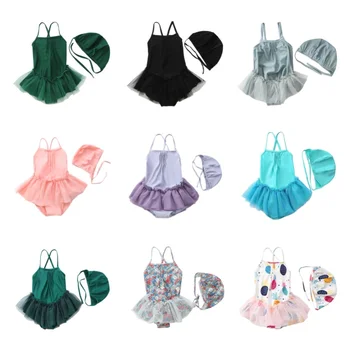  1 шт. Цельные летние детские купальники Шапка для девочек Европейский стиль Однотонная кружевная юбка для плавания для малышей