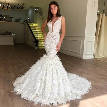  2021 Белые выпускные платья русалки Коктейльные платья с длинными перьями Турецкая мода Свадебные платья на заказ Vestidos De Fiesta