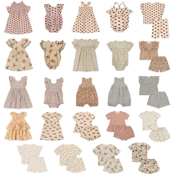  2023 KS Girl Цветочный принт Повседневное платье Baby Kid Хлопковый комбинезон для новорожденных Милый комбинезон для малышей Дети Fly Sleeve Dress Одежда