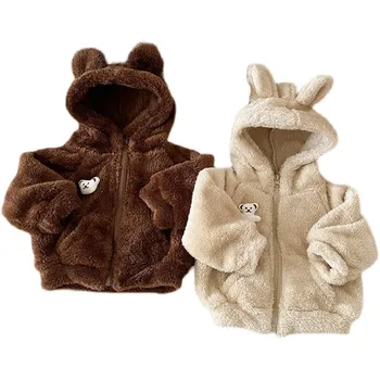  2023 Зимнее детское пальто 0-3 года Новорожденный мальчик Девочка Теплая куртка из овечьей шерсти Карман Бархатный кардиган Верхняя одежда Детская одежда