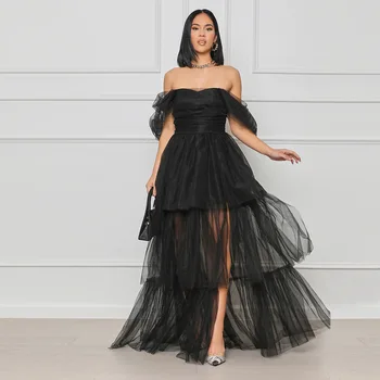  2023 Марлевое черное платье с завышенной талией и короткими рукавами Вечерние платья для женщин DD10061
