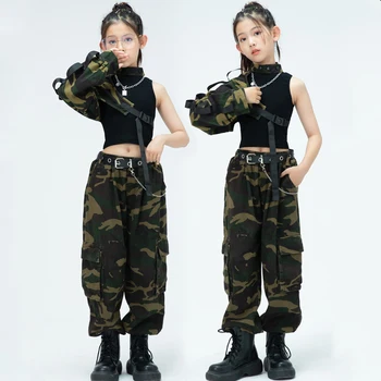  2023 Новые укороченные топы с одним рукавом Свободные брюки Уличная одежда для девочек Джаз Современный танец Шоу Костюмы Дети Хип-хоп одежда DQS12932