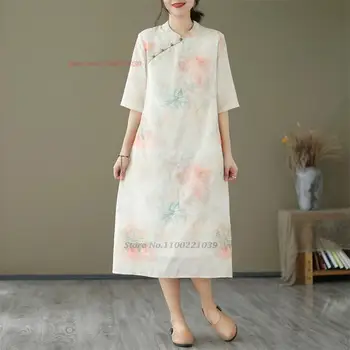  2024 Китайское традиционное платье Национальный цветочный принт qipao Ретро хлопок лен Cheongsam Восточный винтаж qipao народное платье А-силуэта
