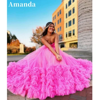  Amanda Ярко-розовое вечернее платье без бретелек Princess Puffy A-силуэта Party Dress 2024 Tulle Sweep Tail Multilayer فساتين مناسبة رسمية