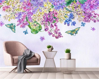  beibehang фотообои фрески скандинавская мода ручная роспись фиолетовые цветы бабочка ТВ фон обои для стен 3 d