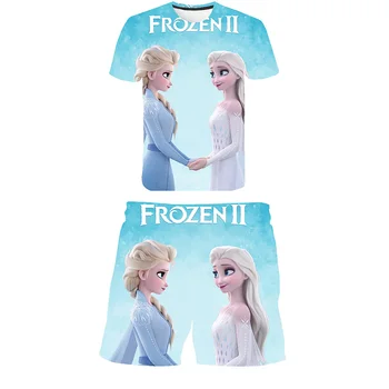  Disney Princess Frozen Elsa Футболка Набор 1-14 лет Дети Девочки Лето Причинно-следственная футболка + Шорты 2 шт. Комплекты одежды