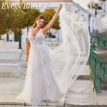  EVON BRIDAL Большие размеры без рукавов А-образные свадебные платья Аппликация Тюль Свадебные платья с V-образным вырезом На заказ 2024 vestidos de novia