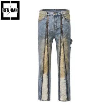  High Street Vibe Style Разрушенные джинсы Брюки Мода Уличная одежда Рваные джинсовые брюки Чернила Всплеск Винтаж Потертые низы