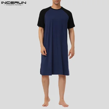  INCERUN 2023 Мужские халаты Пижамы Пэчворк Свободный O-образный вырез С коротким рукавом Домашняя одежда Мужская дышащая повседневная уютная мужская домашняя одежда S-3XL