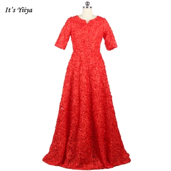  It's YiiYa Вечернее платье Красный Цветочный V-образный вырез Короткие рукава Молния Сзади А-силуэт Плиссировка Длина пола Большие размеры Вечерние платья YS018