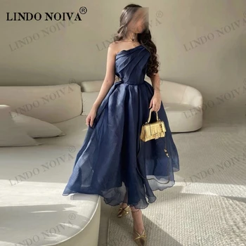  LINDO NOIVA Темно-синие выпускные платья из органзы на одно плечо Дубай плиссе выпускные платья 2023 Элегантный халат De Bal Vestidos De Gala