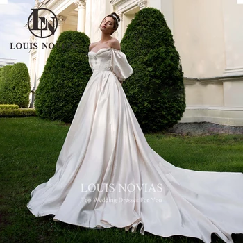  LOUIS NOVIAS Бальное платье Атласное свадебное платье 2023 Роскошное шампанское Пышные рукава Бисероплетение Возлюбленная Свадебное платье Vestidos De Novia