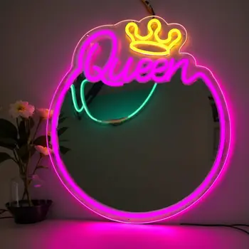 Queen Неоновая вывеска Зеркало Акриловая королева с короной Зеркало Световой знак для спальни Настенный декор Светодиодное зеркало с регулируемой яркостью
