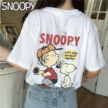  Snoopy Летняя хлопковая футболка с коротким рукавом Женская футболка Свободная оверсайз Смешная футболка Женская повседневная женская футболка с о-образным вырезом 2023 Новинка