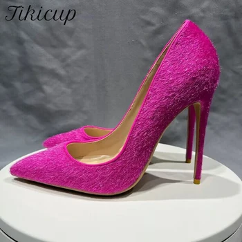  Tikicup Роза Волосатые Женщины Сексуальная обувь на высоком каблуке с острым носком Классические дизайнерские туфли на шпильке для вечернего платья 12 см 10 см 8 см