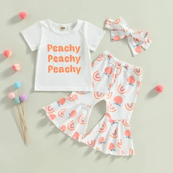   Toddler Girls Summer Outfit Sets Топы с коротким рукавом и буквенным принтом Расклешенные брюки с радужным принтом и оголовьем Детская одежда