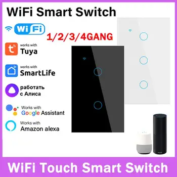  Tuya Smart Wi-Fi Сенсорный переключатель Нейтральный провод не требуется Умный дом 1/2/3/4 Групповой выключатель света Поддержка Alexa Google Home Приложение Tuya