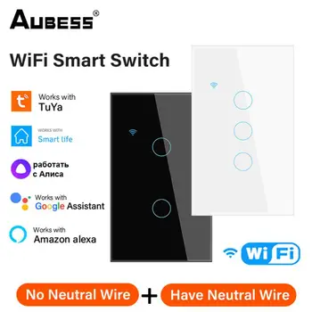  Tuya WiFi Smart Touch Switch 1/2/3/4 Gang US Standard Home Wall Button Пульт дистанционного управления Умный дом работает с Alexa Google Home