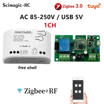  Tuya Zigbee Датчик выключателя умного дома Модуль интеллектуального переключателя Радиочастотное управление 7-32 В 85-250 В 1 канал с Alexa Google Home с оболочкой