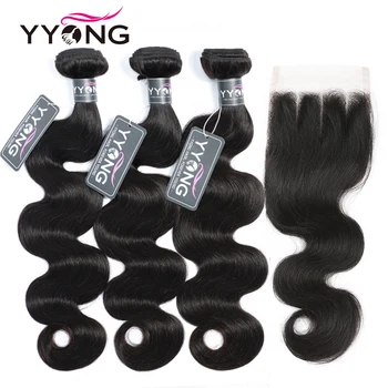  Yyong Body Wave Пучки с застежкой Малайзийские волосы 3/4 Пучки с кружевной застежкой 4x4 Remy плетет Пучок из натуральных волос с застежкой