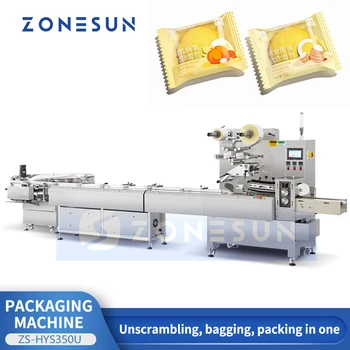  ZONESUN Горизонтальная упаковочная машина ZS-HYS350U Полностью автоматическая упаковка для хлеба, торта, закусок, продуктов, расшифровки пленки, пакета, запечатывания, упаковки