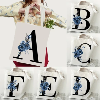  Алфавитная печать Винтажная сумка-тоут Женская цветочная серия писем Холщ Плечо Сумка Шоппер Модный бренд Сумка большой емкости