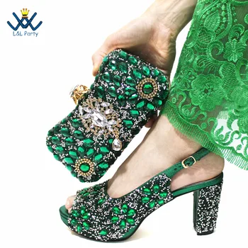   Африканская женская обувь и сумка в зеленом цвете Высококачественные квадратные каблуки нового дизайна с платформой Shinning Crystal для свадьбы