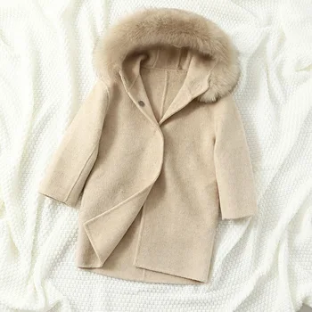  Двустороннее шерстяное пальто для девочек 2023 Новое детское шерстяное пальто в западном стиле осень-зима FoxFur Collar Пальто с капюшоном