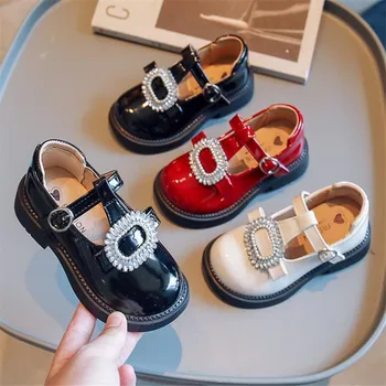  Детская кожаная обувь со стразами декоративная пряжка блестящая кожа модный темперамент Lolita Baby Girls Princess Shoes 2022 New