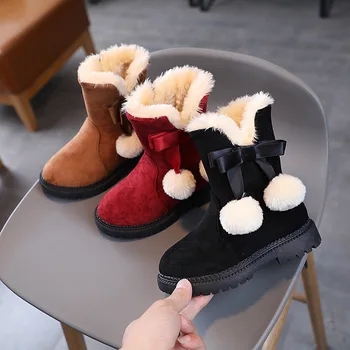  Детская повседневная обувь 2023 Зимняя мода Лук Милый Волосяной Комок Девушки Зимние Сапоги Детские Кроссовки Анти-Proof Warmer Baby Princess Boots