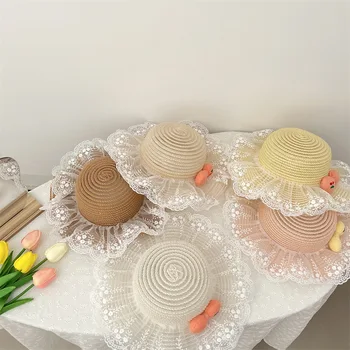   Детская соломенная шляпа с широкими полями и ветрозащитной веревкой Модная кружевная отделка Бант Шляпа от солнца Летняя пляжная шляпа для 2-6 лет 5 цветов
