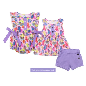   Детский хлопок без рукавов фиолетовый волнистый полосатый набор с круглой шеей лимонный принт девушка платье одежда и плиссированная юбка комбинезон с бантом