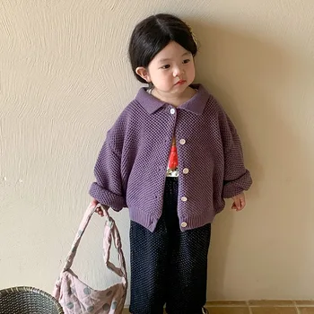  Детское пальто 2023 осень и зима новый корейский стиль детский свитер кардиган для девочек вязаное однотонное шерстяное пальто