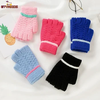  жаккардовые трикотажные перчатки Зимние теплые перчатки на половину пальца для студентов Пишущие детские перчатки без пальцев Дети Мальчики Девочки 4-8T