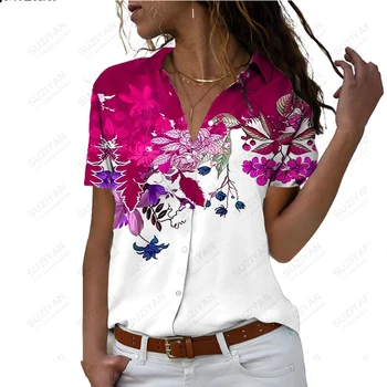  Женская летняя новая рубашка с коротким рукавом Градиентный цветок 3D Цифровая печать Женский воротник-поло Однобортный свободный расслабленный топ