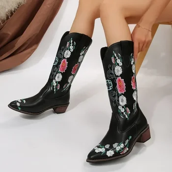  Женская обувь в продаже 2023 Новые женские сапоги с вышивкой в этническом стиле Высококачественные коричневые длинные сапоги 35-43 Женская обувь большого размера