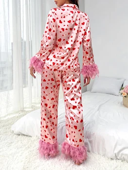  Женские атласные пижамные комплекты с отделкой перьями с длинным рукавом на пуговицах и брюки 2 шт. Пижамы Домашняя одежда