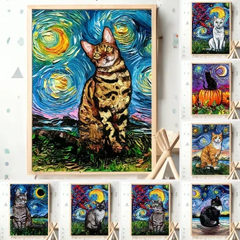 Забавная знаменитая картина с животным плакат холст настенное искусство кошка звездная ночь ван гог декор картина для домашней комнаты картины принты