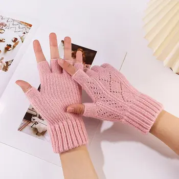   Зимние вязаные перчатки для женщин Зимние мягкие теплые шерстяные вязаные рукава Короткие теплые термоперчатки без пальцев Варежки унисекс с половиной пальца