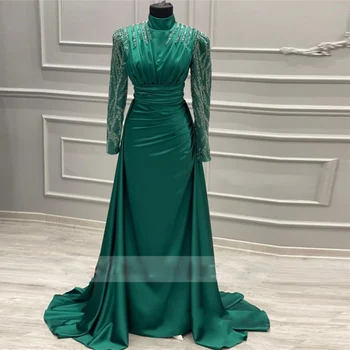  изысканный зеленый арабский дубай вечерние платья плиссировки пайетки бисер мусульманское вечернее платье атласный шлейф ислам vestido de soiree