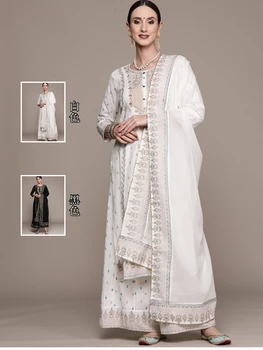  Индийская женская одежда с этническим стилем и боковым чаби Набор из 3 предметов из чистого хлопка с принтом Белый халат Традиционное индийское платье