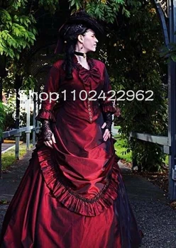  Исторически тематическое викторианское бальное платье выпускные платья с длинным рукавом бордовый рюш бюстгальтер корсет готическое вечернее платье