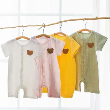  корейский детский комбинезон муслин с короткими рукавами комбинезон для девочек и мальчиков милый мишка цельная одежда новорожденные летние тонкие боди