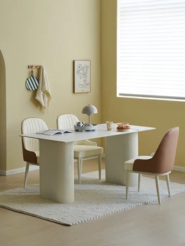  Кремовый ветровой обеденный стол, белый сланец, светлый, роскошный, современный, минималистский, домашний, прямоугольный, обеденный стол, минималист.