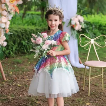  Летние детские платья для девочек Платья для девочек с коротким рукавом для вечеринок и свадеб Модные платья для девочек с пайетками 3-10 лет