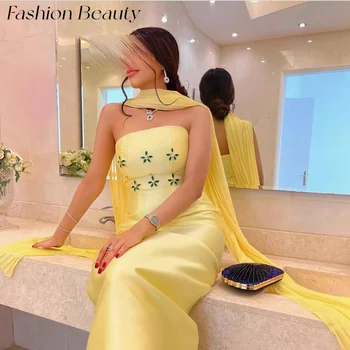  Мода Красота Желтые атласные вечерние платья без бретелек Зеленое бисерное кристаллическое вечернее платье для женщин 2024 vestidos de gala