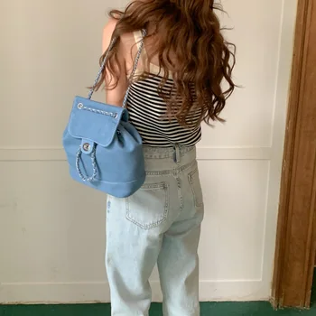  Модная цепочка Синий джинсовый женский рюкзак Маленький рюкзак для девочки Модный туристический пригородный рюкзак для женщин Женская сумка через плечо