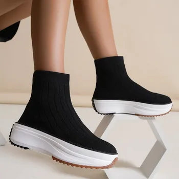   Новинка 2023 года Осенние и зимние женские носки Сапоги с внутренней высотой Эластичная вязка Спортивные и средние ботинки
