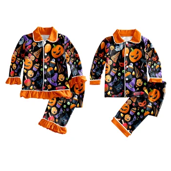  Новый дизайн пижамный комплект на Хэллоуин для мальчиков и девочек, симпатичные желтые брюки с длинным рукавом из тыквенной ткани, пижамный комплект из 2 предметов