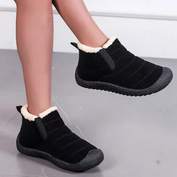  Обувь для женщин 2023 Высококачественное скольжение на женских ботинках Зимние плюшевые теплые сапоги с круглым носком Solid Flock До середины икры Зимние сапоги на низком каблуке